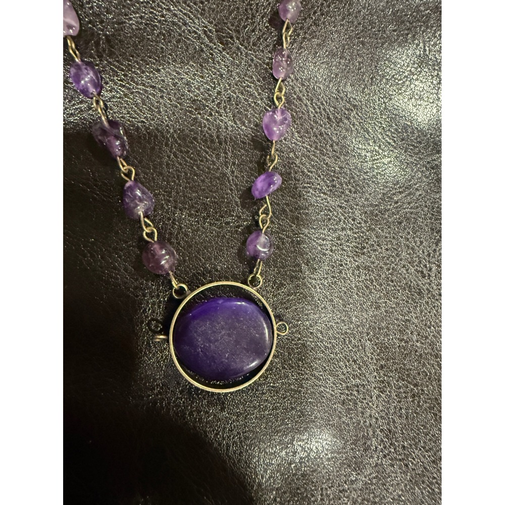 Purple Gemstone Beaded Necklace Gold Tone Chain Statement Pendant